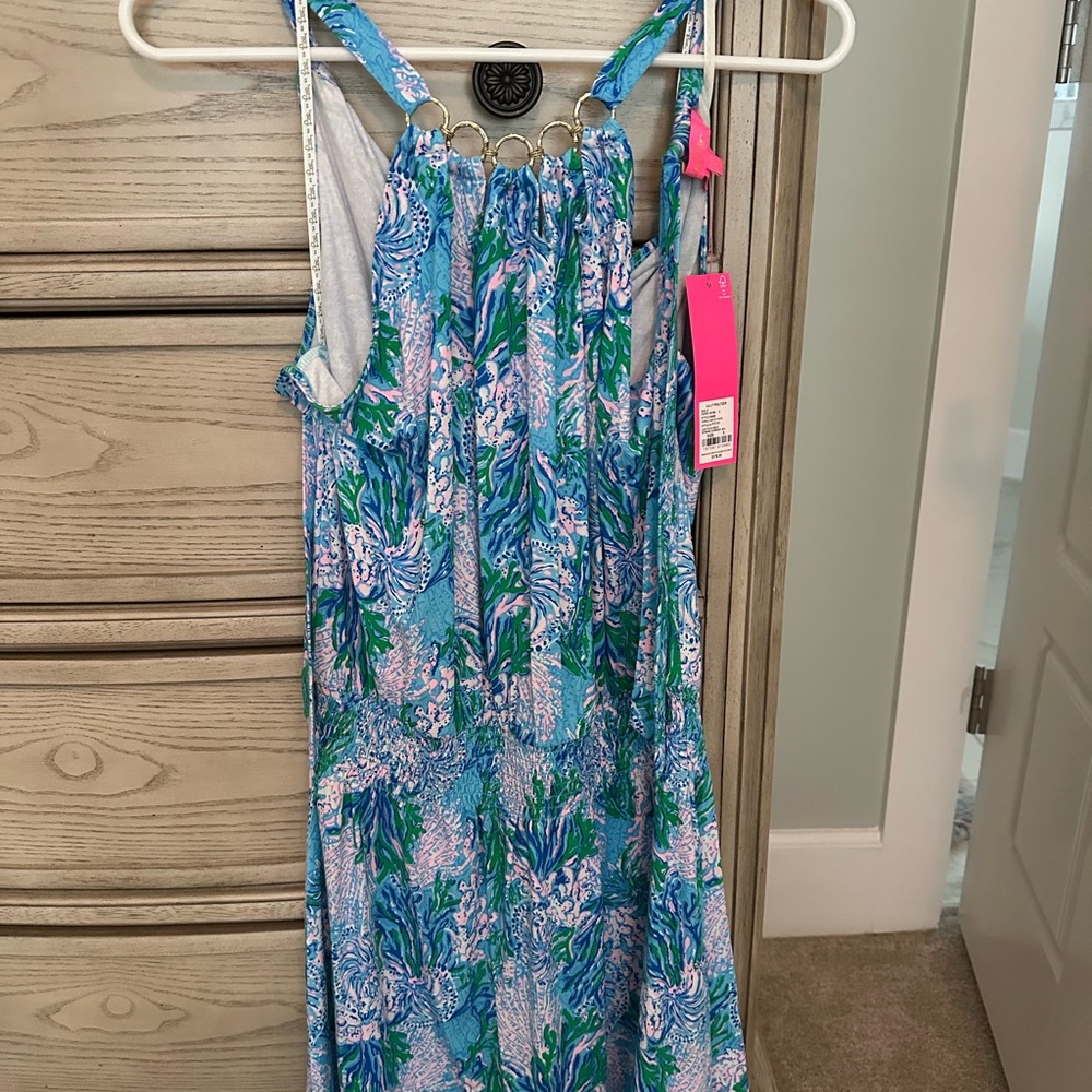 NWT Lilly Pulitzer Blue Floral Halter Romper with Gold Ring Detail
